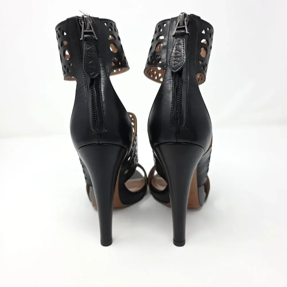 Alaia Black Caged Gladiator Sandal Heels Laser Cut Cutout Leather US 7.5 EU 37.5